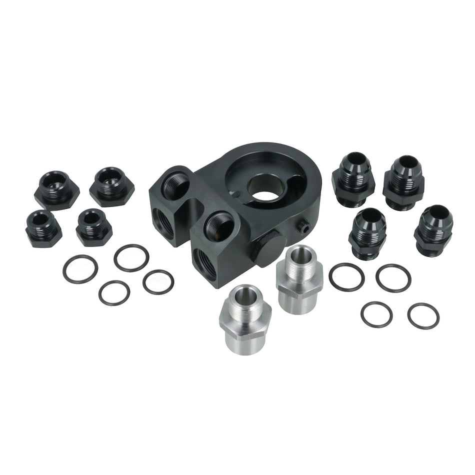 BOOST Products Billet Oil Filter Sandwich Plate Adapter  w/ Thermostat, black anodized