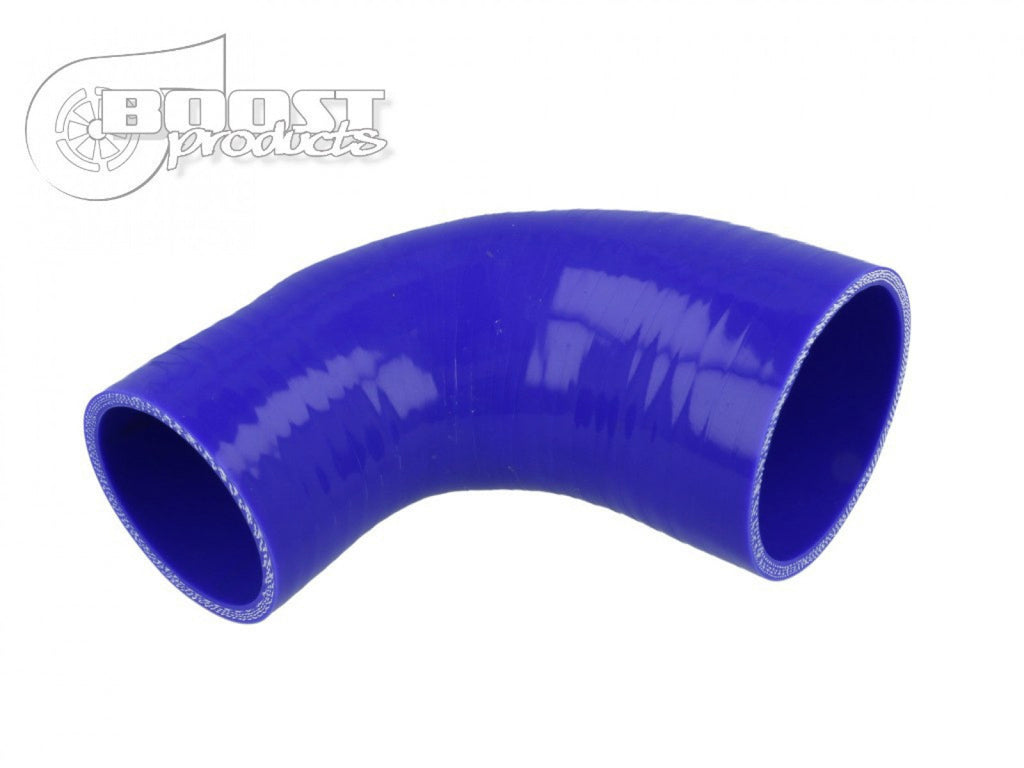 BOOST Products Silicone Reducer Elbow 90 degree, 102mm (4.0") - 89mm (3.5") ID, blue