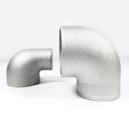 90° cast aluminum reducing elbow 3.5" / 89mm to 3.0" 76mm - tight radius