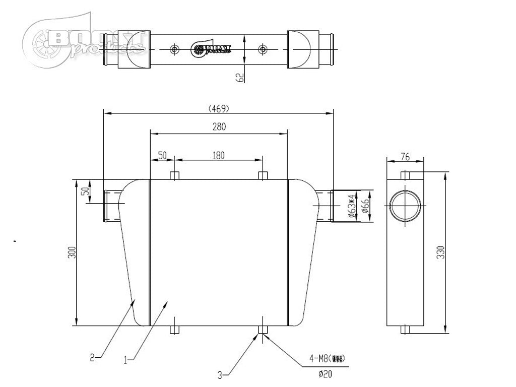 BOOST Products Competition Intercooler 11" x 12" x 3" with 2.5" I/O - 300 HP