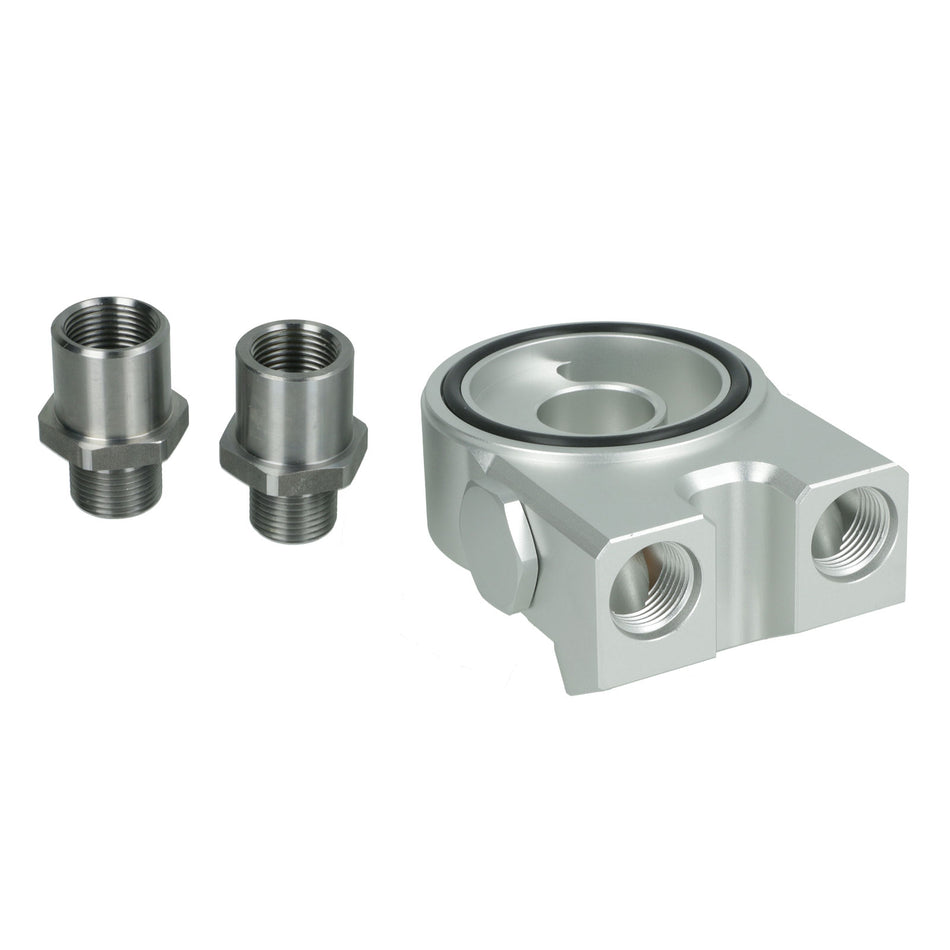 BOOST Products Oil Filter Sandwich Adapter with Thermostat 160°F (70°C) and 4x ORB -8 AN Ports - satin silver