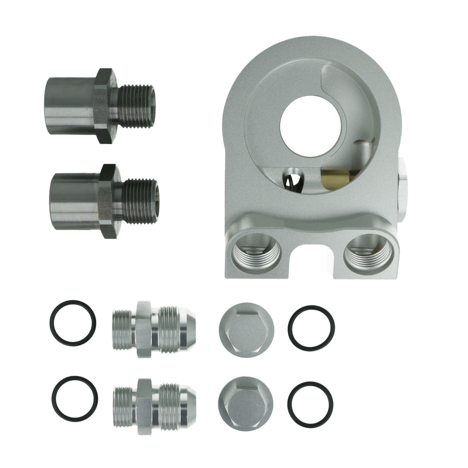 BOOST Products Oil Filter Sandwich Adapter with Thermostat 160°F (70°C) and 4x ORB -8 AN Ports - satin silver