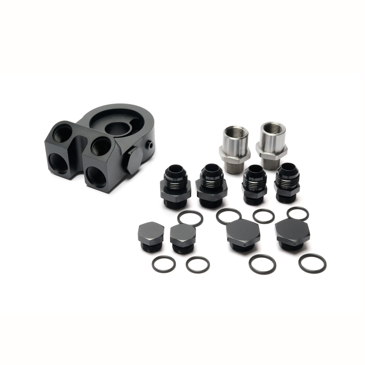 BOOST Products Billet Oil Filter Sandwich Plate Adapter  w/ Thermostat, black anodized